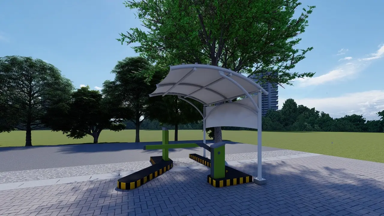 Desain kanopi membran untuk pintu masuk parkiran motor